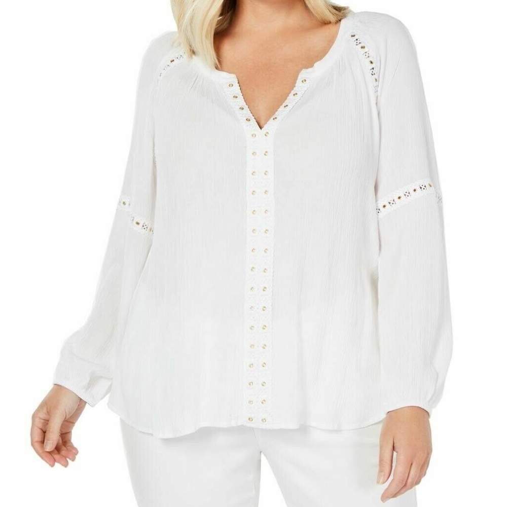 INC International Concepts INC White Grommet-Trim Peasant Blouse Plus 0X/XXL